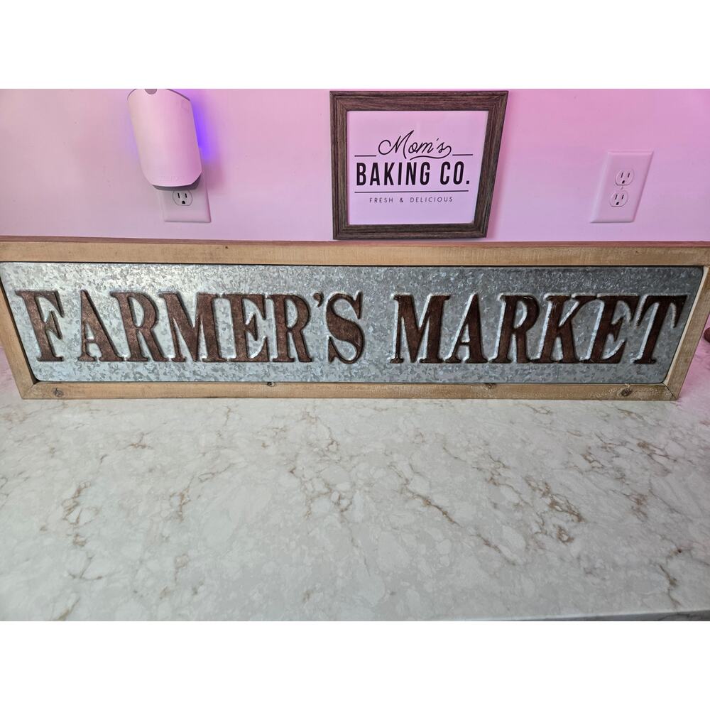 Farmers Market Sign Metal Wood 38.5" x 9.25" Hanging Indoor Outdoor Home Decor